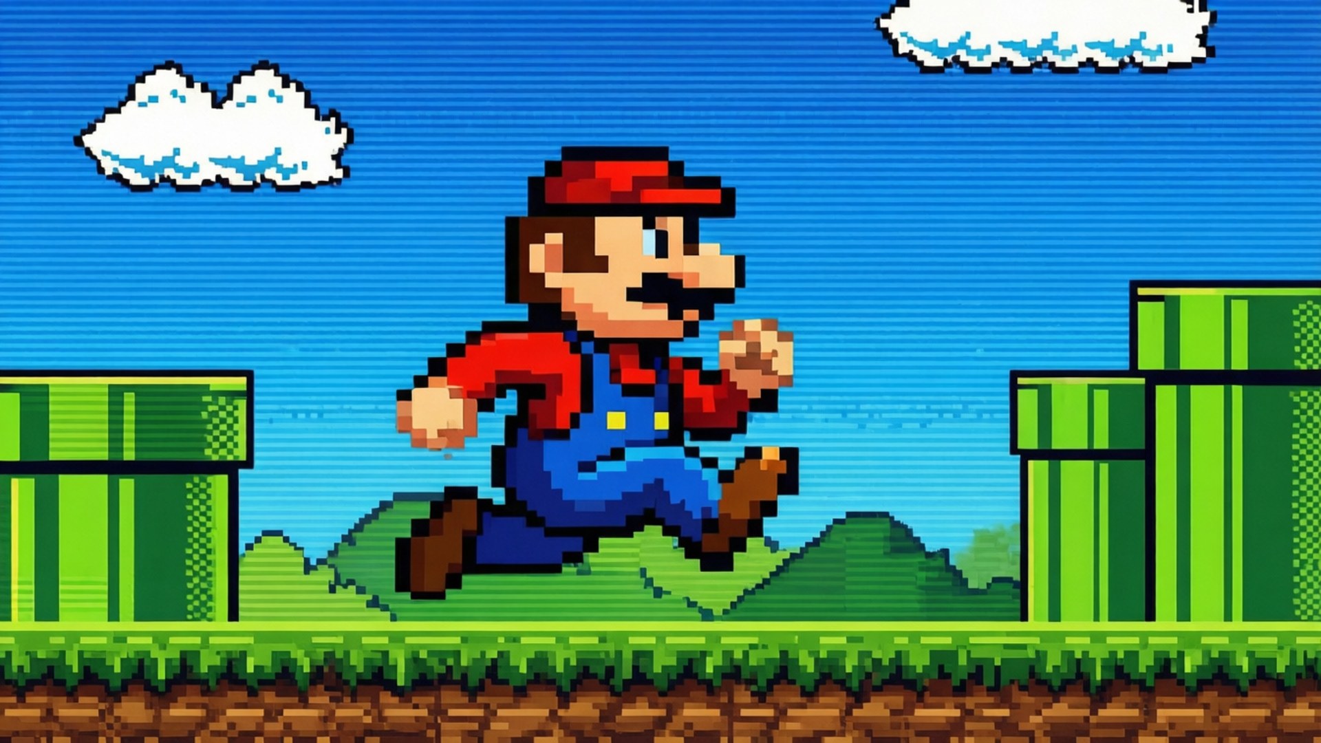 像素化 Mario 在藍天白雲下，於綠色管道之間的草地上奔跑