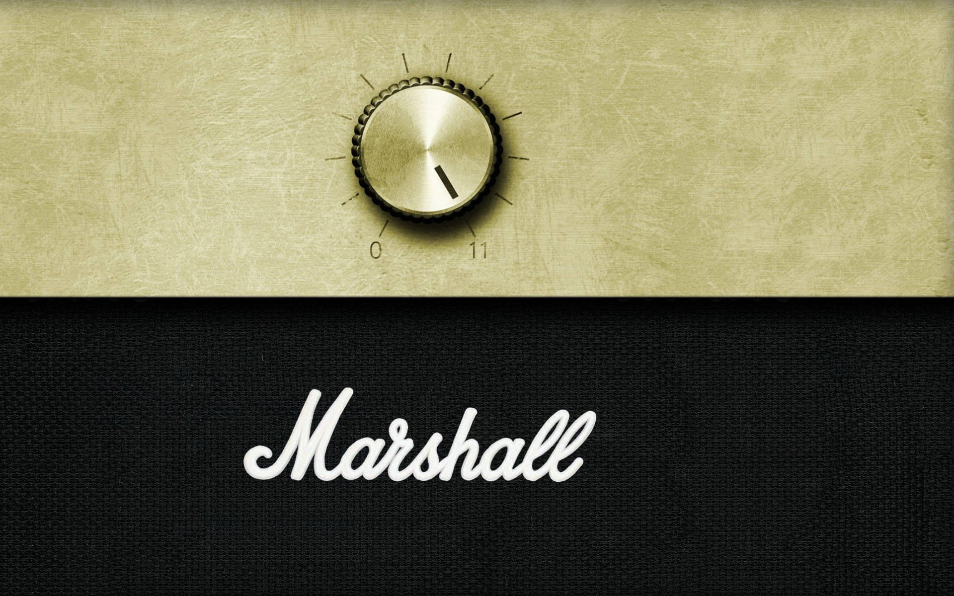 經典馬歇爾擴大機音量旋鈕特寫 壁紙 — 一個復古的Marshall結他擴音器，金屬旋鈕設定為十一，背景為有紋理的米色和黑色。