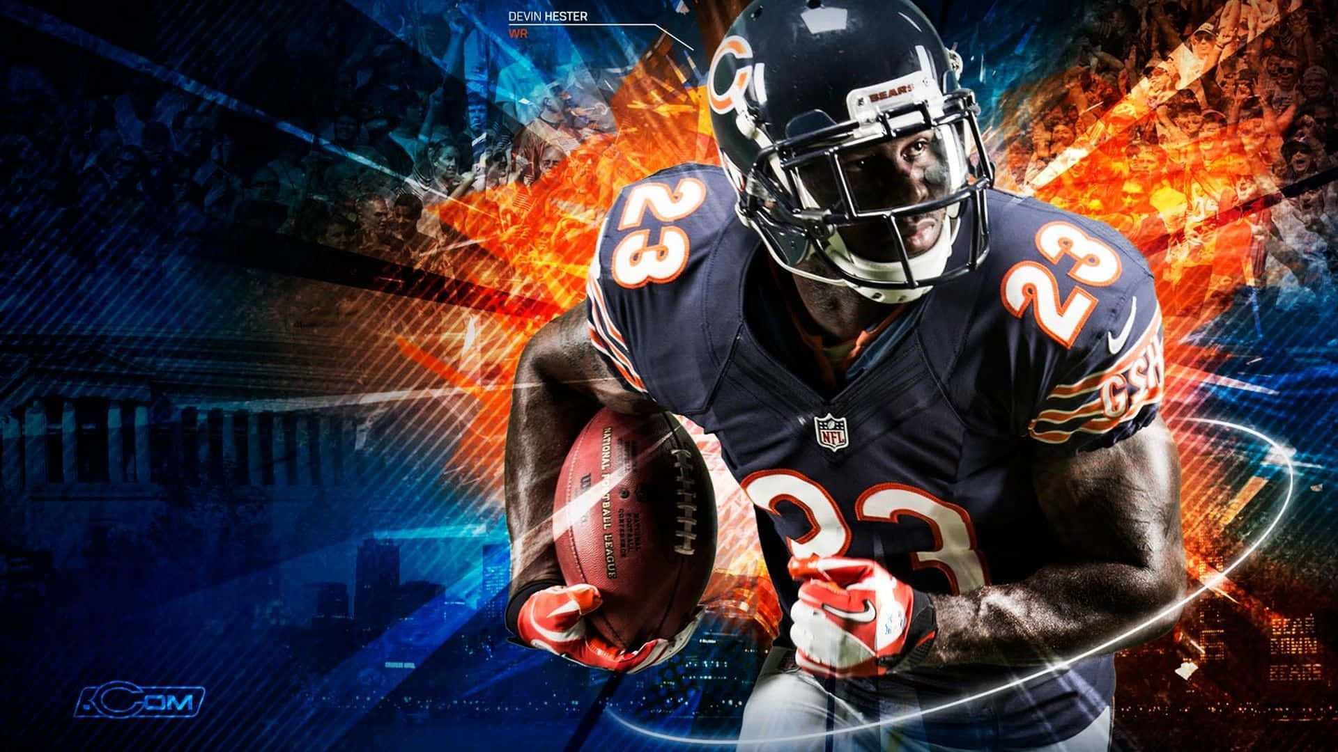 經典高清NFL賽事畫面 壁紙 — 芝加哥熊隊美式足球員 Devin Hester 身穿球衣，在火焰抽象背景前持球奔跑。