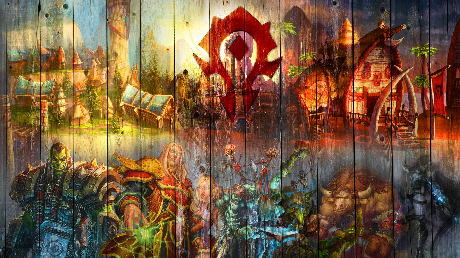 經典魔獸世界木質壁畫 壁紙 — 一幅充滿活力的奇幻壁畫繪在風化的木板上，描繪了多樣的角色和一個發光的紅色標誌，背景是奇幻的村莊和山脈。