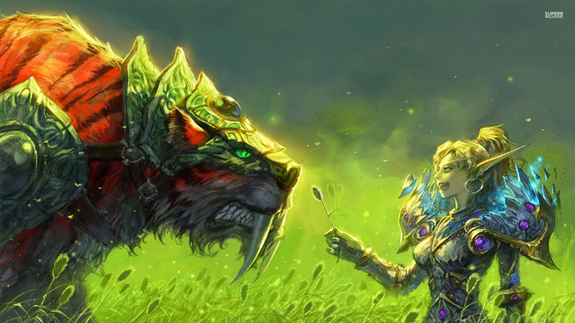 經典魔獸世界獵人壁紙 壁紙 — 一位身穿發光盔甲的奇幻精靈戰士在充滿活力的綠色田野中，溫柔地向一隻巨大的裝甲野獸獻花。