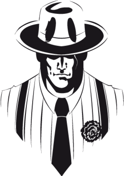 經典黑幫剪影 壁紙 — 一個神秘男人的鮮明黑白插圖，戴著軟呢帽和西裝，白色臉孔和玫瑰別針。