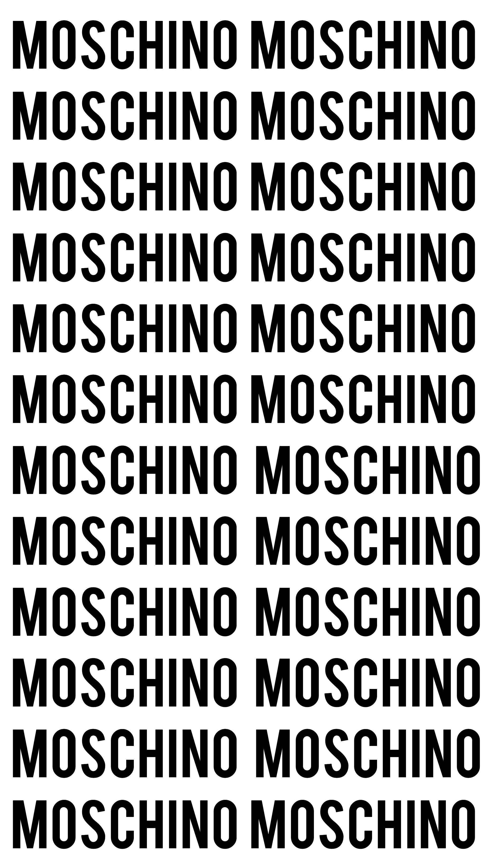 經典黑白Moschino標誌 壁紙 — 粗體黑色MOSCHINO文字在純白背景上以網格重複，形成高對比度的圖案。