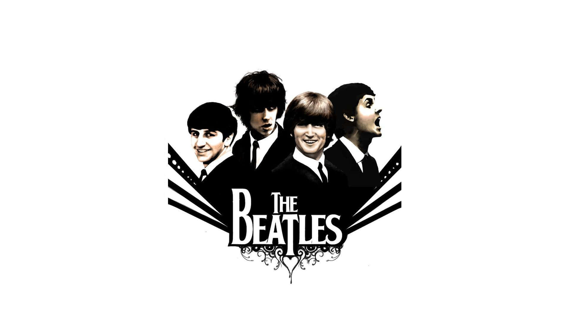 the beatles 桌布 壁紙 — 經典黑白插圖，描繪披頭四樂隊，搭配粗體字體和裝飾性花紋，背景為白色。