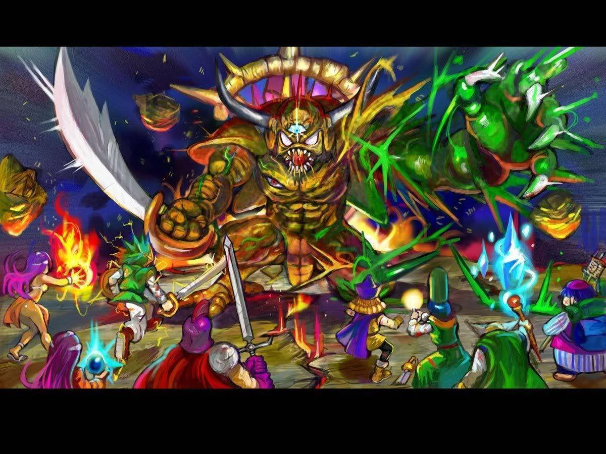 經典龍 Quest 戰鬥場景 壁紙 — 一個充滿活力的動漫戰鬥場景，英雄們手持發光的魔法武器，在熾熱的爆炸和綠色能量爆發中對抗一個巨大的金色角惡魔。