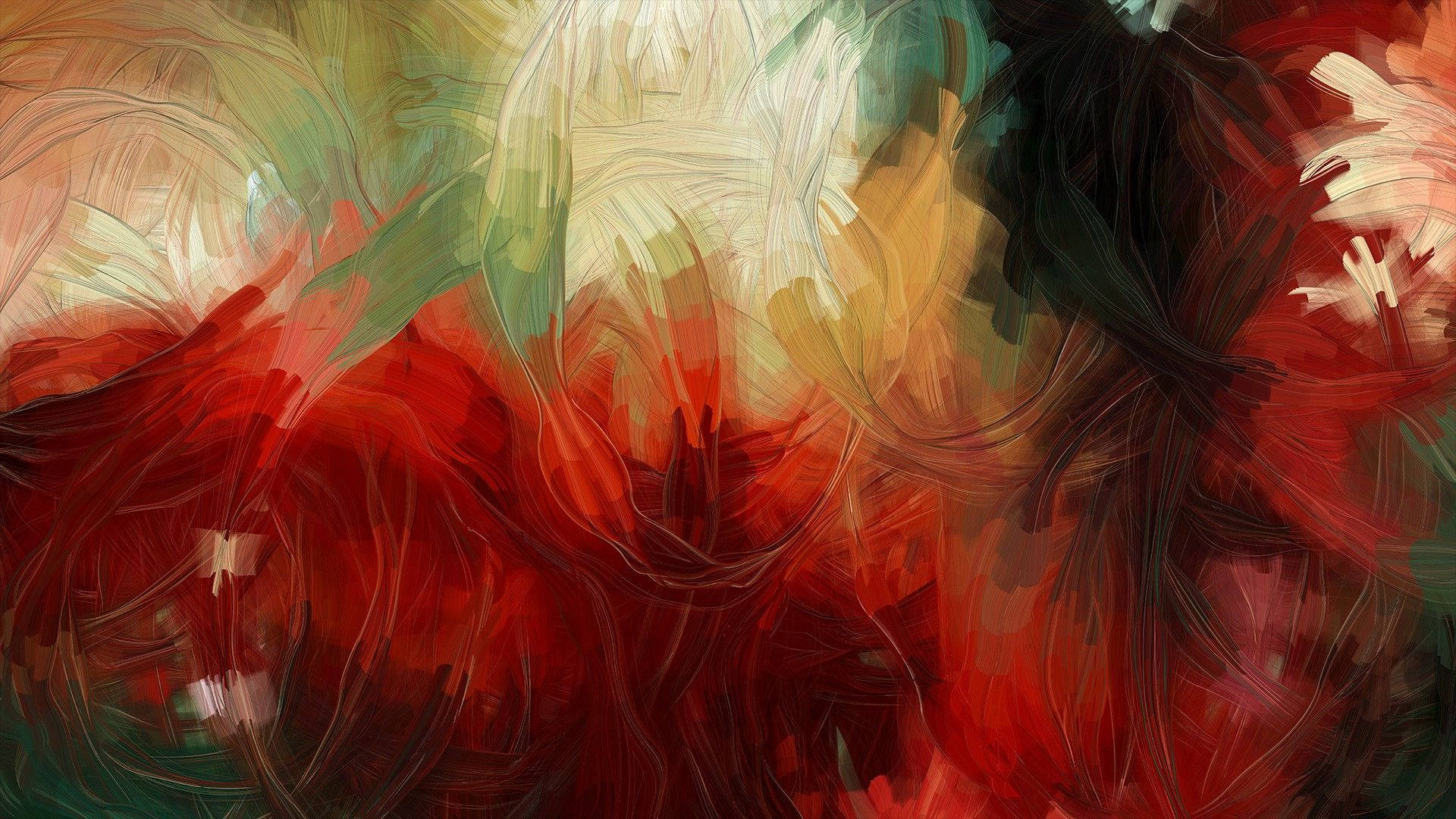 帶有旋轉的紅色、綠色和奶油色筆觸的抽象藝術作品。