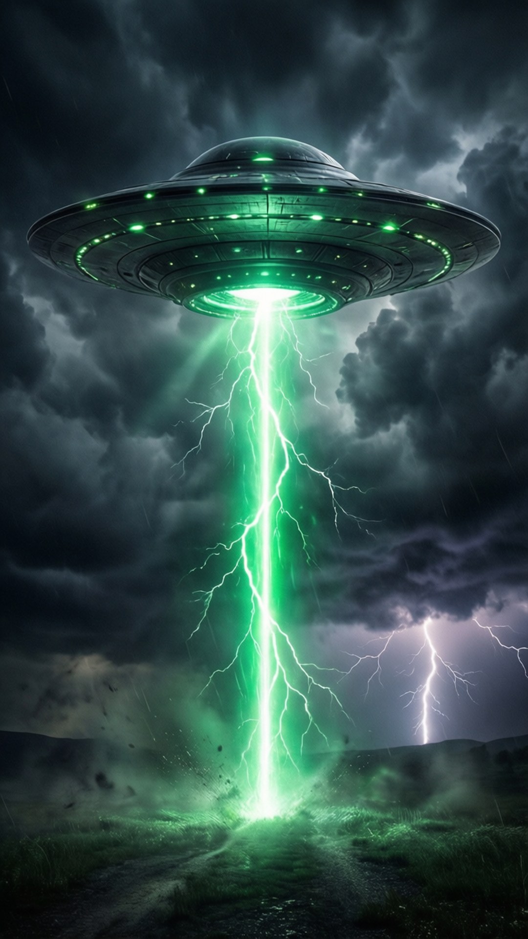 一個發光的綠色UFO在暴風雨中向地球發射閃電。