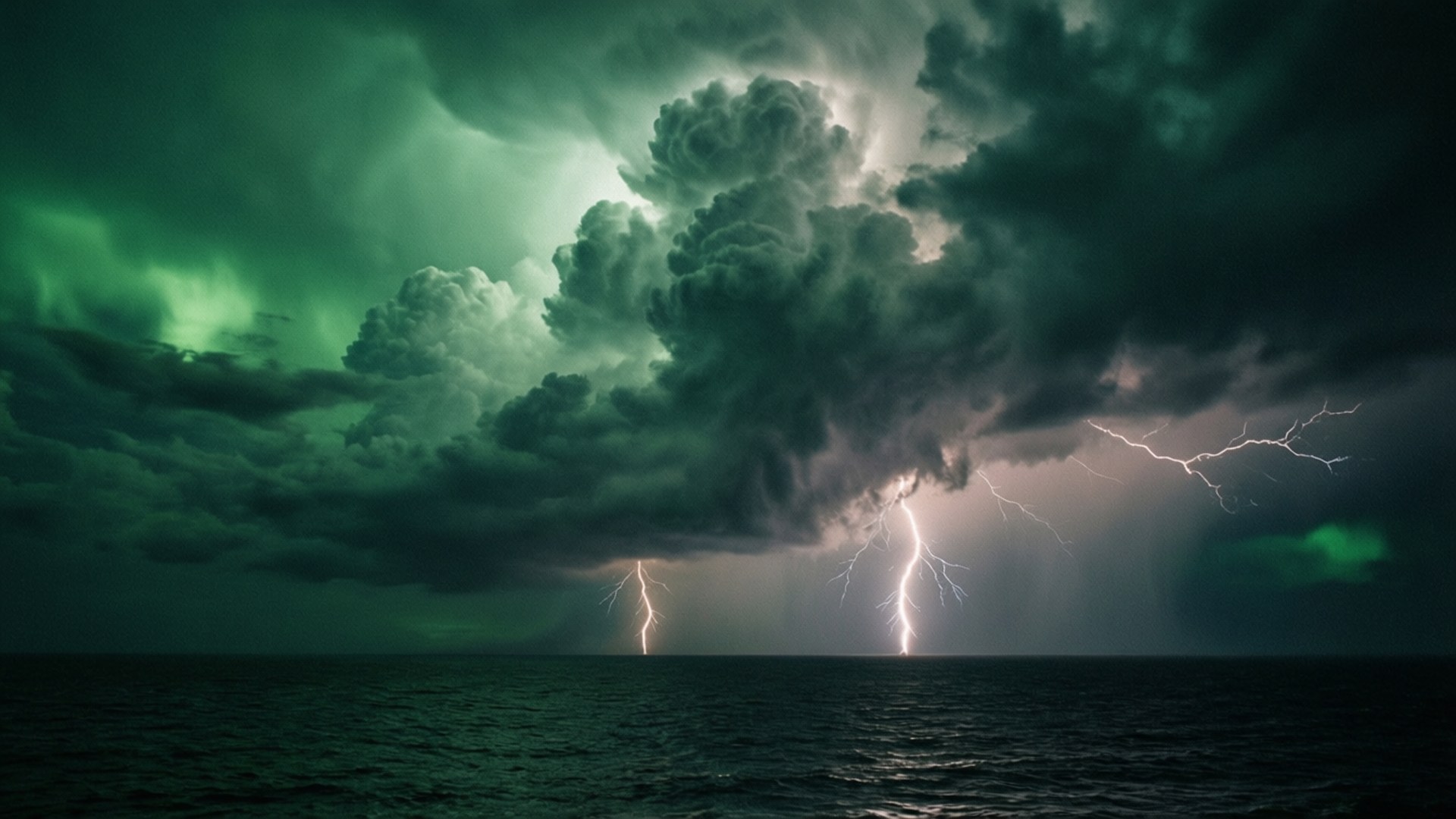 在暴風雨綠雲下，黑暗的海洋上空閃電擊中