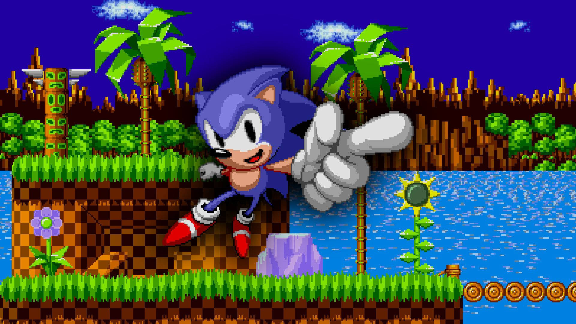 Sonic the Hedgehog 在像素化叢林場景中豎起大拇指。
