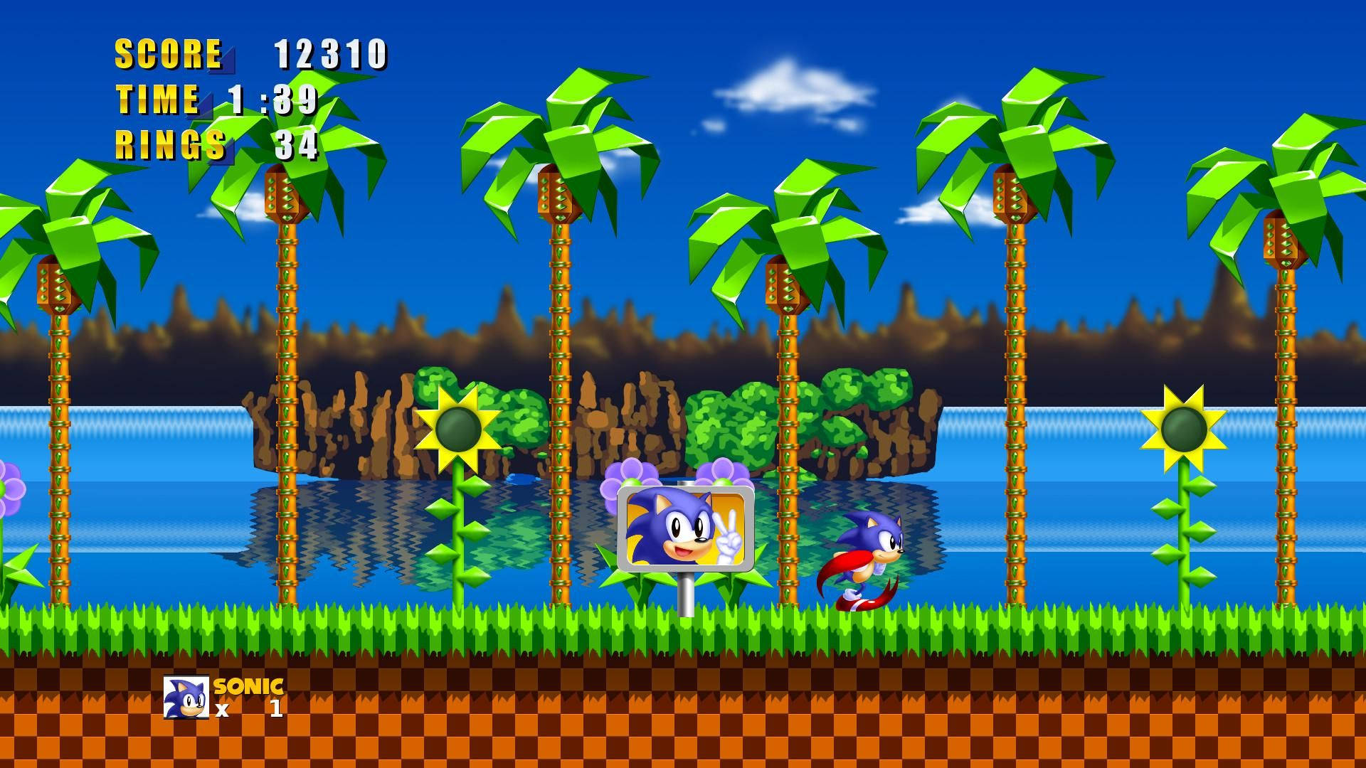 Sonic the Hedgehog 喺有棕櫚樹同向日葵嘅熱帶遊戲關卡中奔跑。