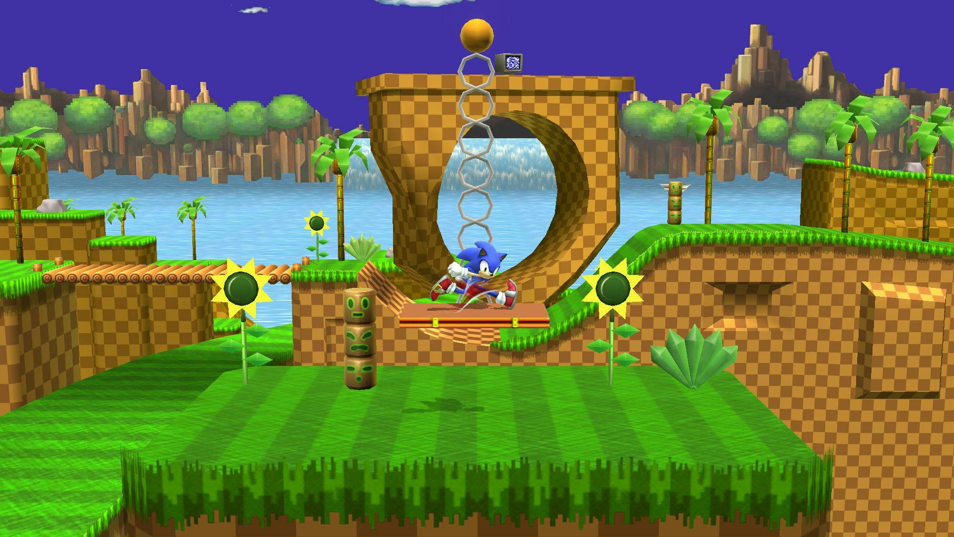 Sonic the Hedgehog 喺一個綠色平台上奔跑，平台上有向日葵同格仔背景。