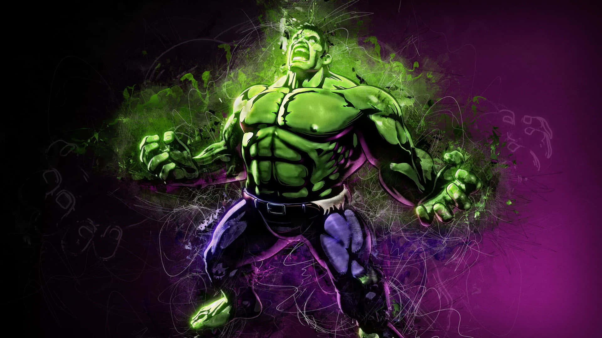 綠色變形俠醫（Hulk）在紫色背景上，伴隨著發光的飛濺，充滿能量地咆哮。