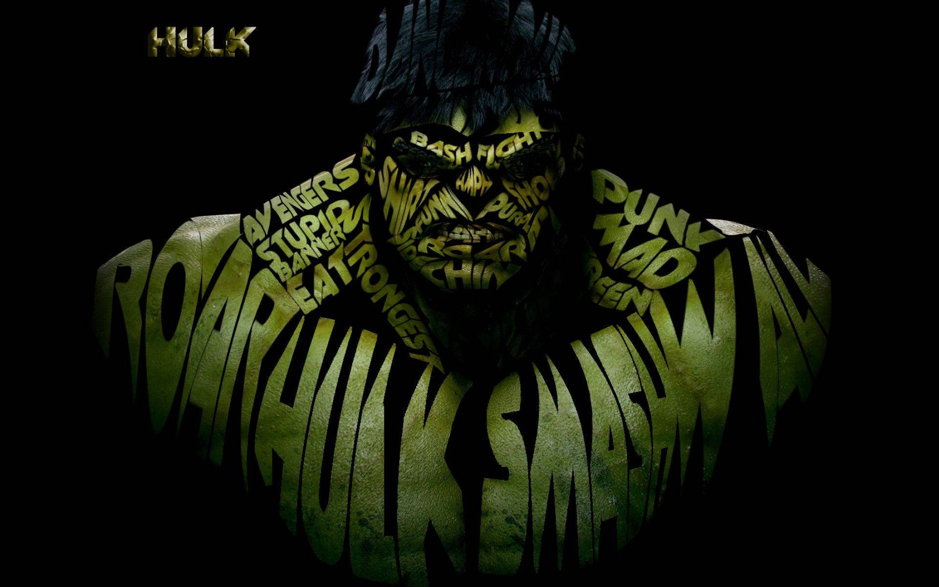 由大膽文字詞語（如 roar 和 hulk）組成的綠色變形俠醫半身像，背景為黑色。