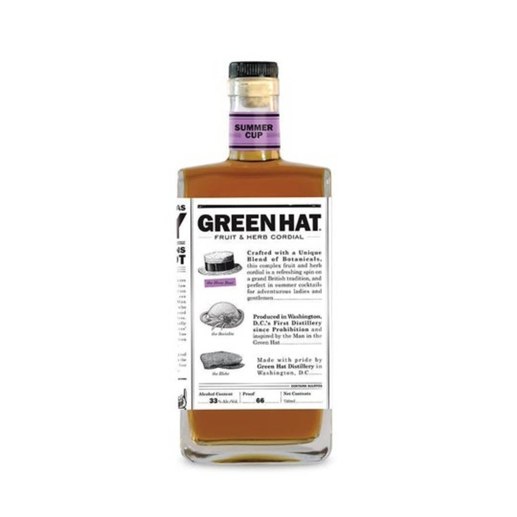 一瓶Green Hat水果和草本濃縮飲料，帶有紫色標籤和詳細的白色標籤。