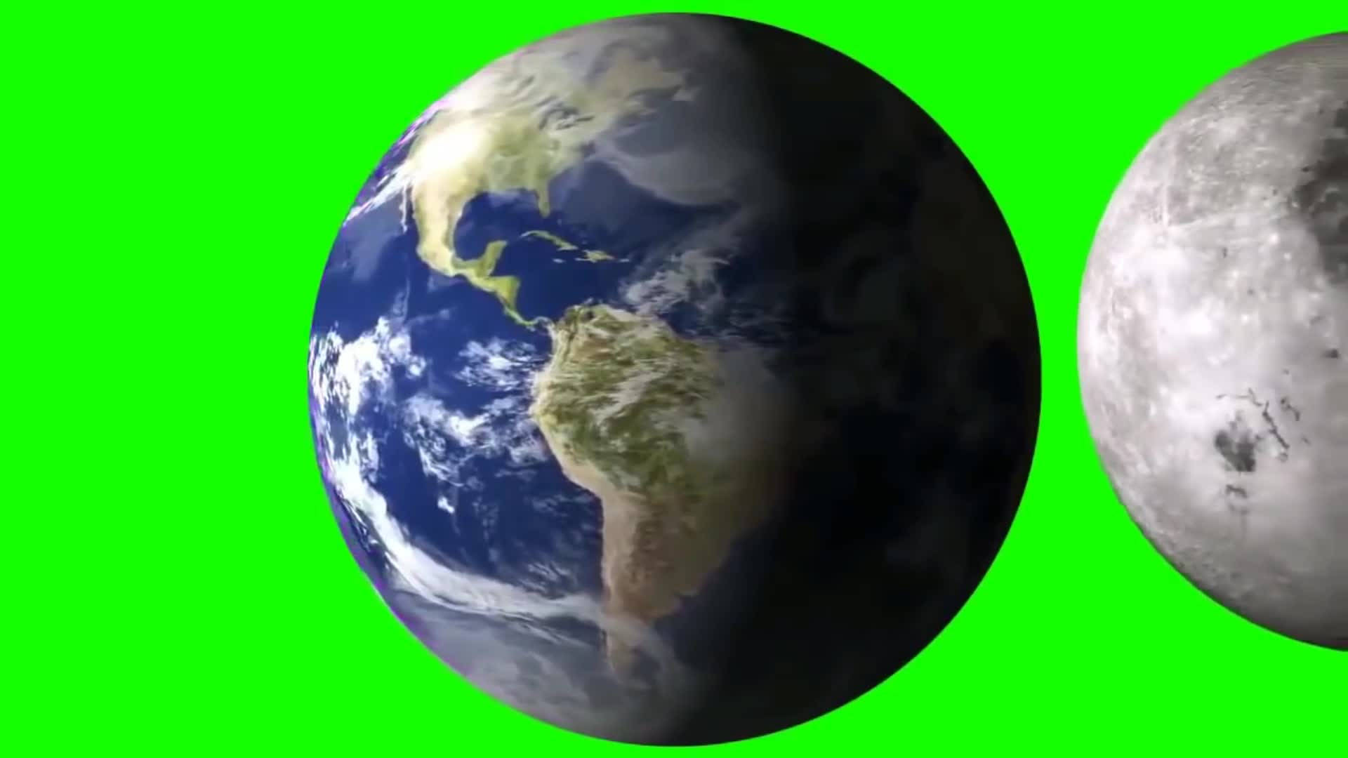 地球和月亮在太空中漂浮，背景為綠色屏幕。