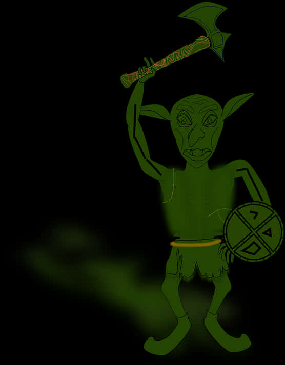 綠惡魔奇幻插畫 壁紙 — 一個發光的綠色哥布林戰士高舉斧頭和盾牌，站在黑暗背景前。