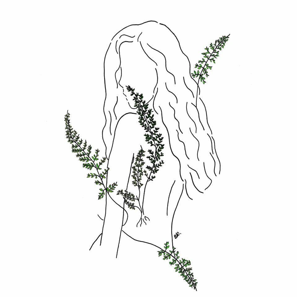 綠意少女插畫 壁紙 — 一個極簡線條畫的女性剪影，蕨類植物從她的背部和頭髮中長出。