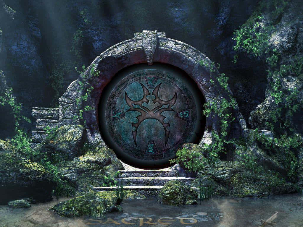 在長滿苔蘚的森林空地上帶有雕刻符號的神聖石拱門。