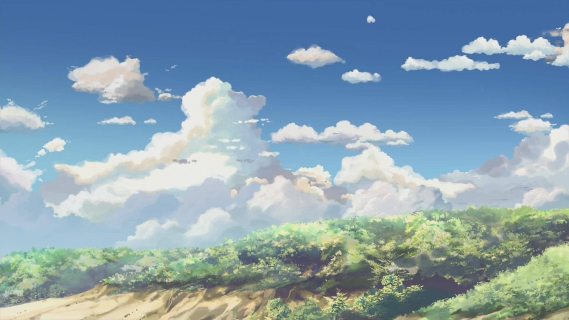 動漫風格風景，有綠色山丘和藍天白雲。