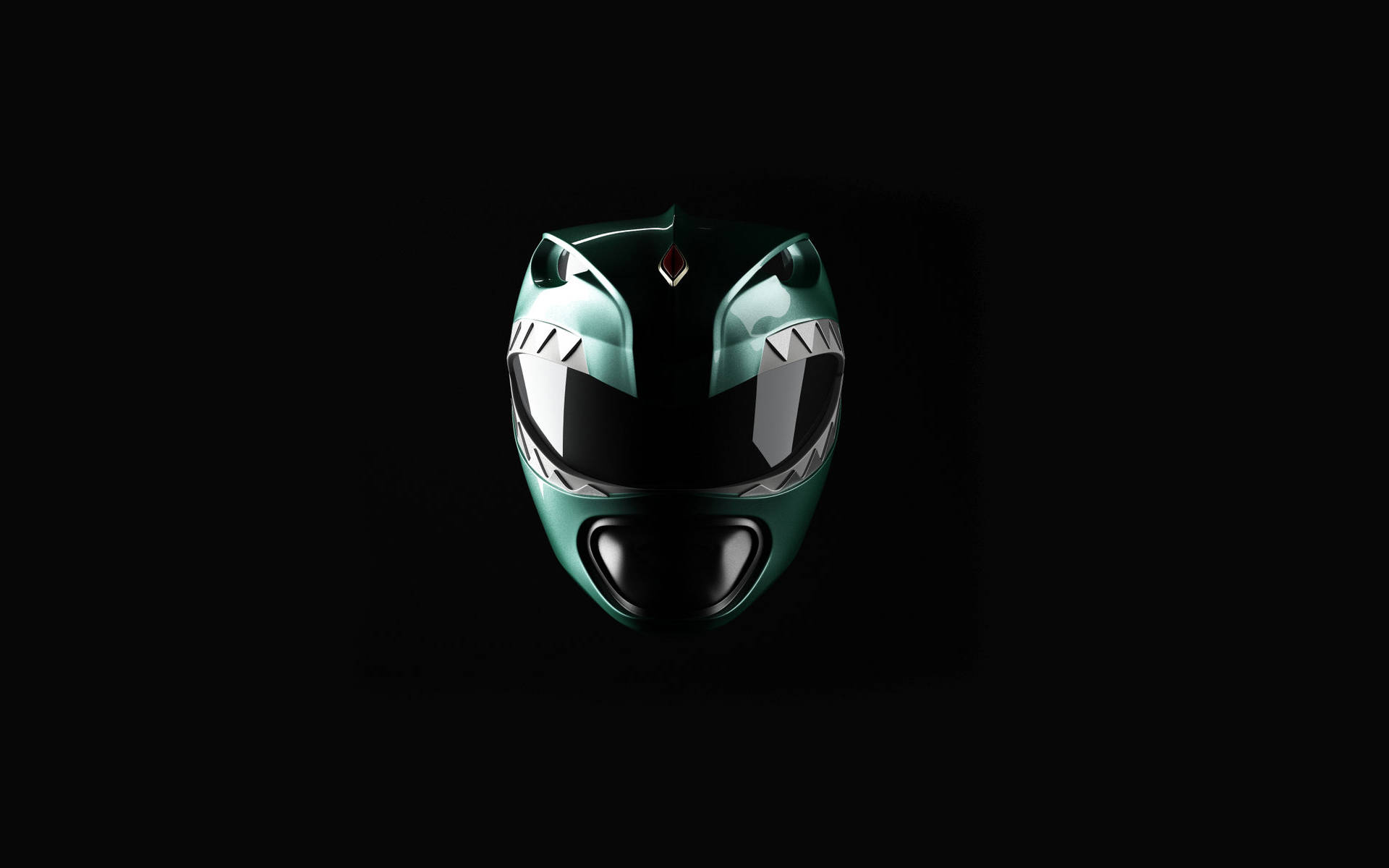綠戰隊忍者頭盔 壁紙 — 一個時尚的綠色Power Ranger頭盔在漆黑背景上閃耀，帶有銳利的金屬高光。