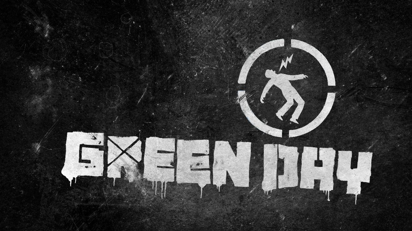 綠日樂隊名稱噴漆 壁紙 — 一幅粗糙的黑白牆紙，上面有Green Day標誌和一個圓圈內被閃電擊中的人物。