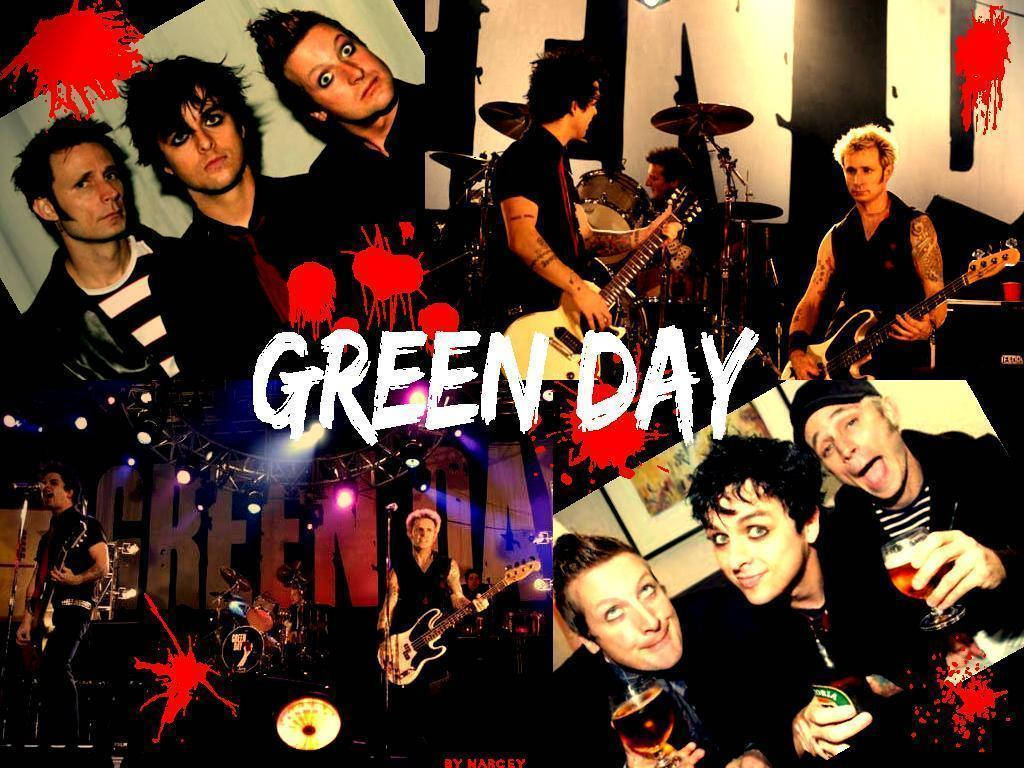 綠日樂隊演出拼貼 壁紙 — 一幅充滿活力的拼貼畫，描繪Green Day樂隊成員在舞台燈光和紅色潑濺圖形背景下，手持結他和飲品表演和擺姿勢。