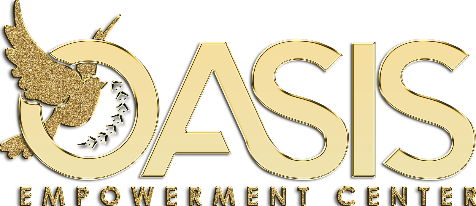 綠洲賦能中心標誌 壁紙 — Oasis Empowerment Center 的金色標誌，在黑色背景上，字母 O 內有一隻飛翔的鴿子。