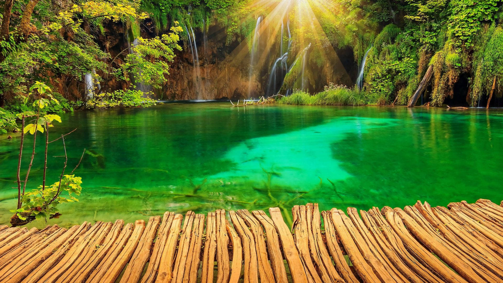綠湖風景 壁紙 — 陽光穿過茂密的綠樹，照射在層疊的瀑布上，瀑布流入一個清澈的翡翠湖，前景有一條木棧道。