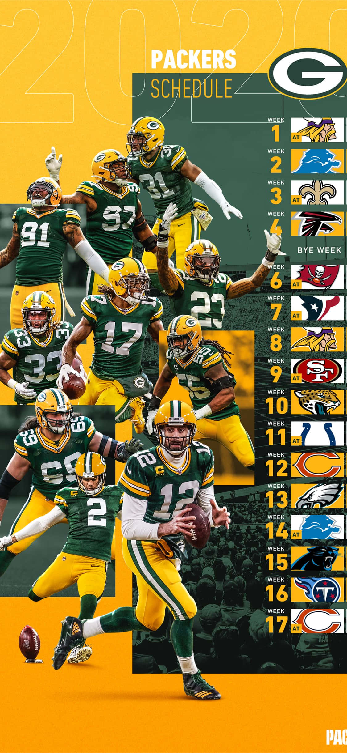 Packers 桌布 壁紙 — 綠灣包裝工隊的足球運動員穿著綠色和金色的球衣，在充滿活力的黃色背景上與他們的2021年賽程一起動態慶祝。