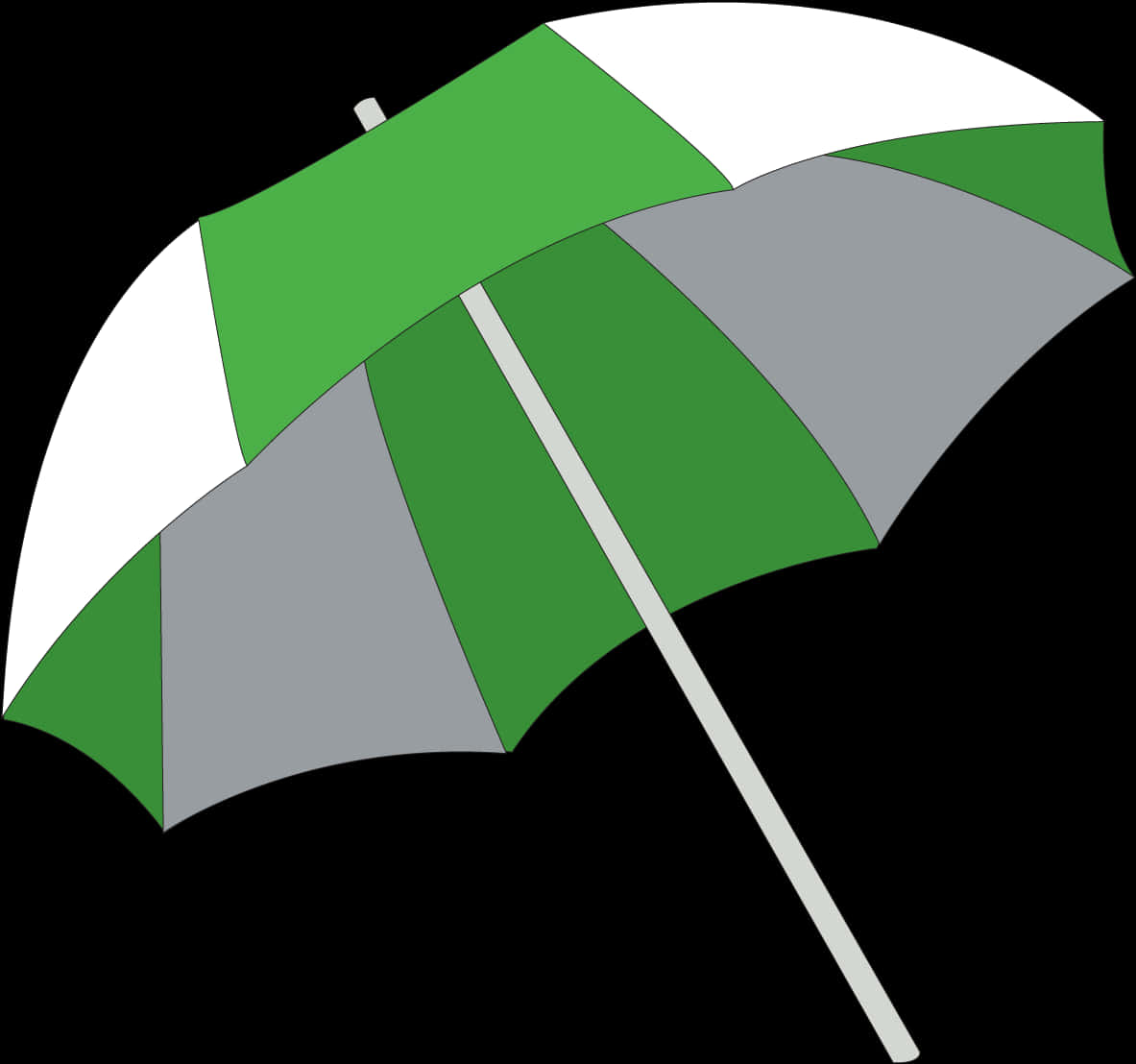 綠灰條紋雨傘 壁紙 — 一個風格化的打開雨傘，帶有交替的綠色、白色和灰色面板，背景為黑色。