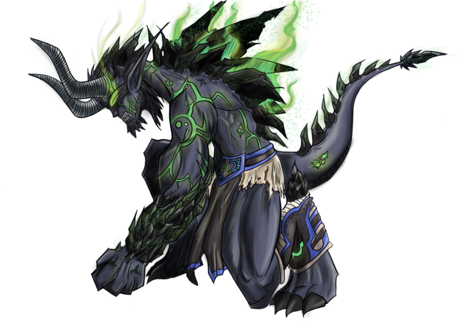 綠焰惡魔插畫 壁紙 — 一個帶有綠色發光標記和角的黑暗奇幻生物，以動態姿勢站在黑色背景前。