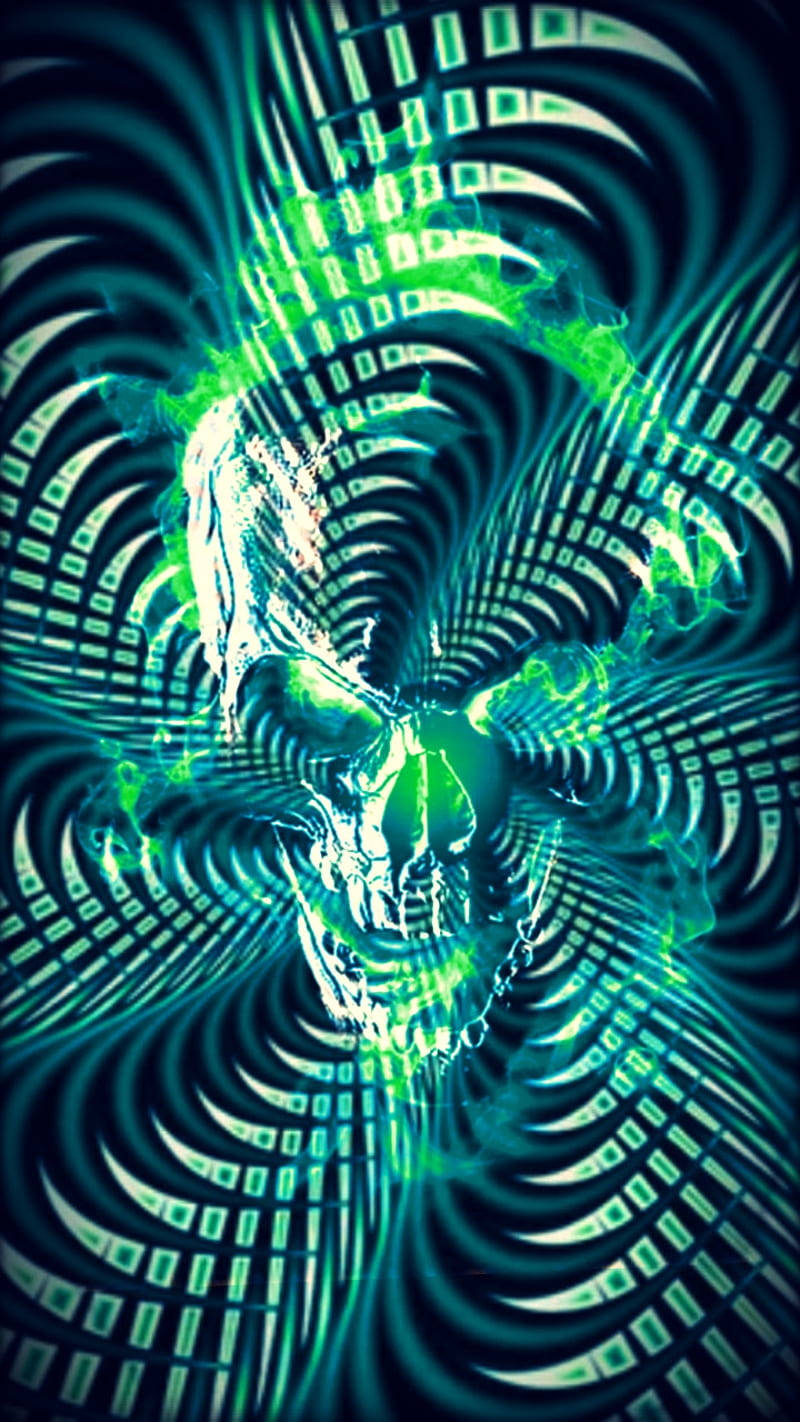 發光的綠色骷髏被旋轉的數位代碼包圍。