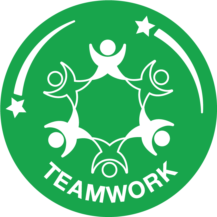 綠白團隊標誌 壁紙 — 綠色背景上帶有星星和「teamwork」字樣的白色風格化人物圓圈。