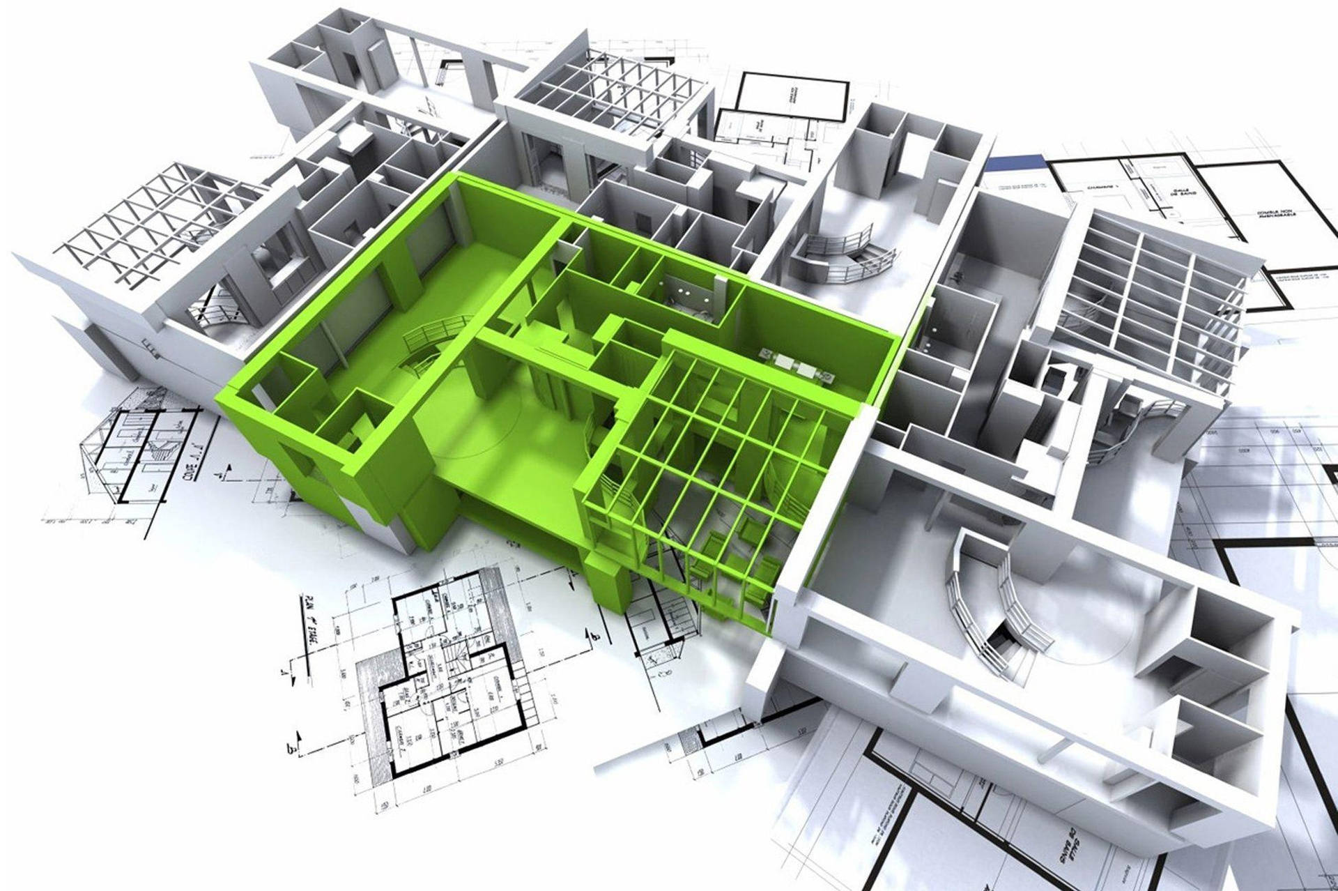 帶有綠色核心的3D建築模型，在藍圖上