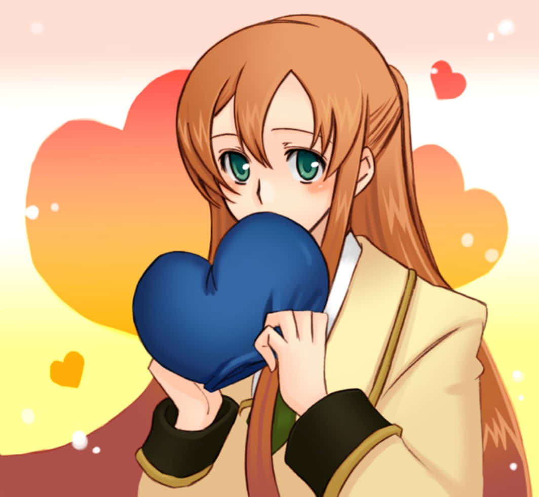 Shirley Fenette 桌布 壁紙 — 綠眼睛、棕色頭髮的動漫女孩，在溫暖漸變背景中抱著一個藍色心形枕頭，周圍有漂浮的心形。