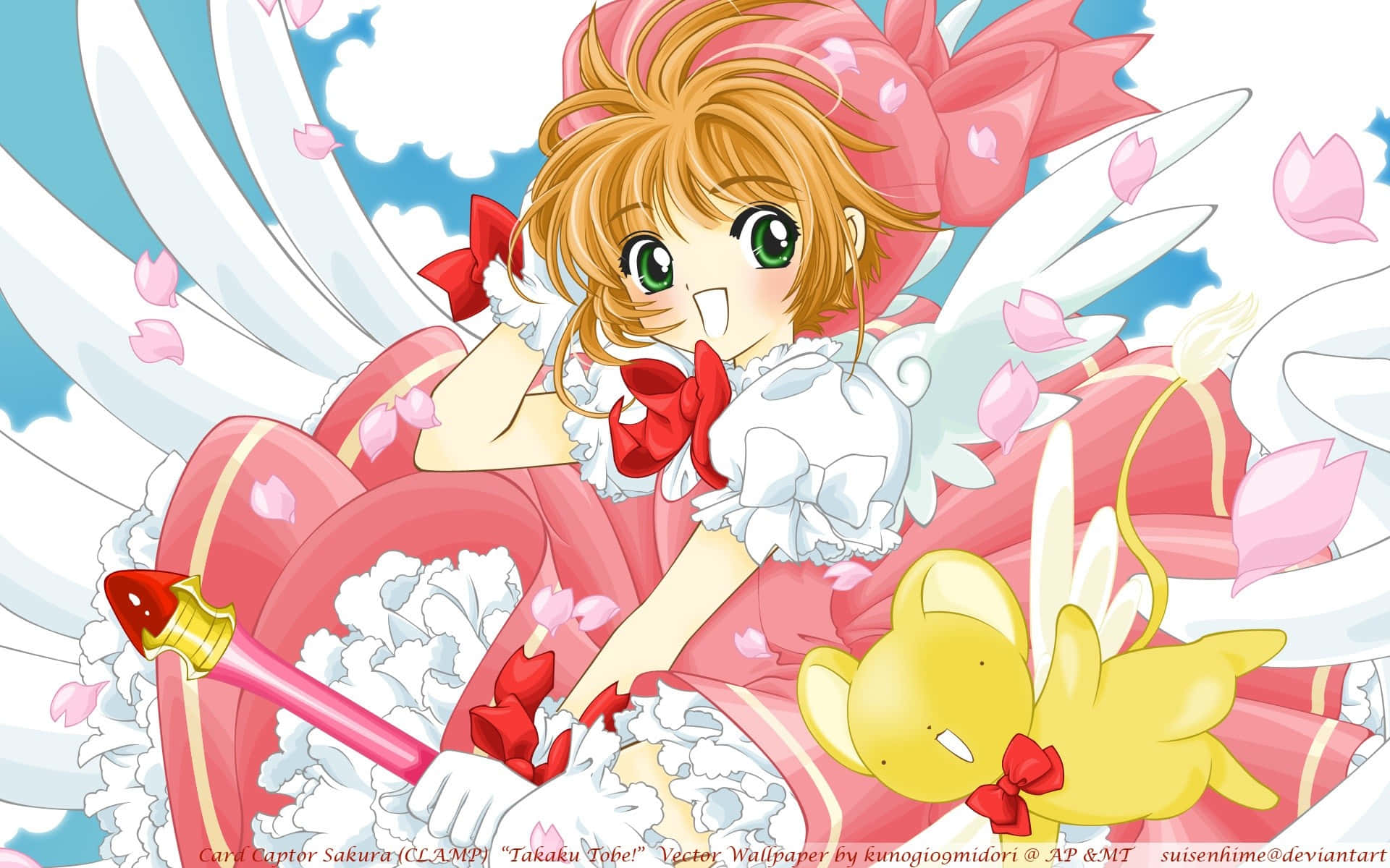 "Cardcaptor Sakura Brings Her Magic to the World" 壁紙 — 綠眼睛、粉紅色頭髮蝴蝶結的動漫女孩微笑著，手持魔杖，周圍有飄落的櫻花和一個黃色生物。