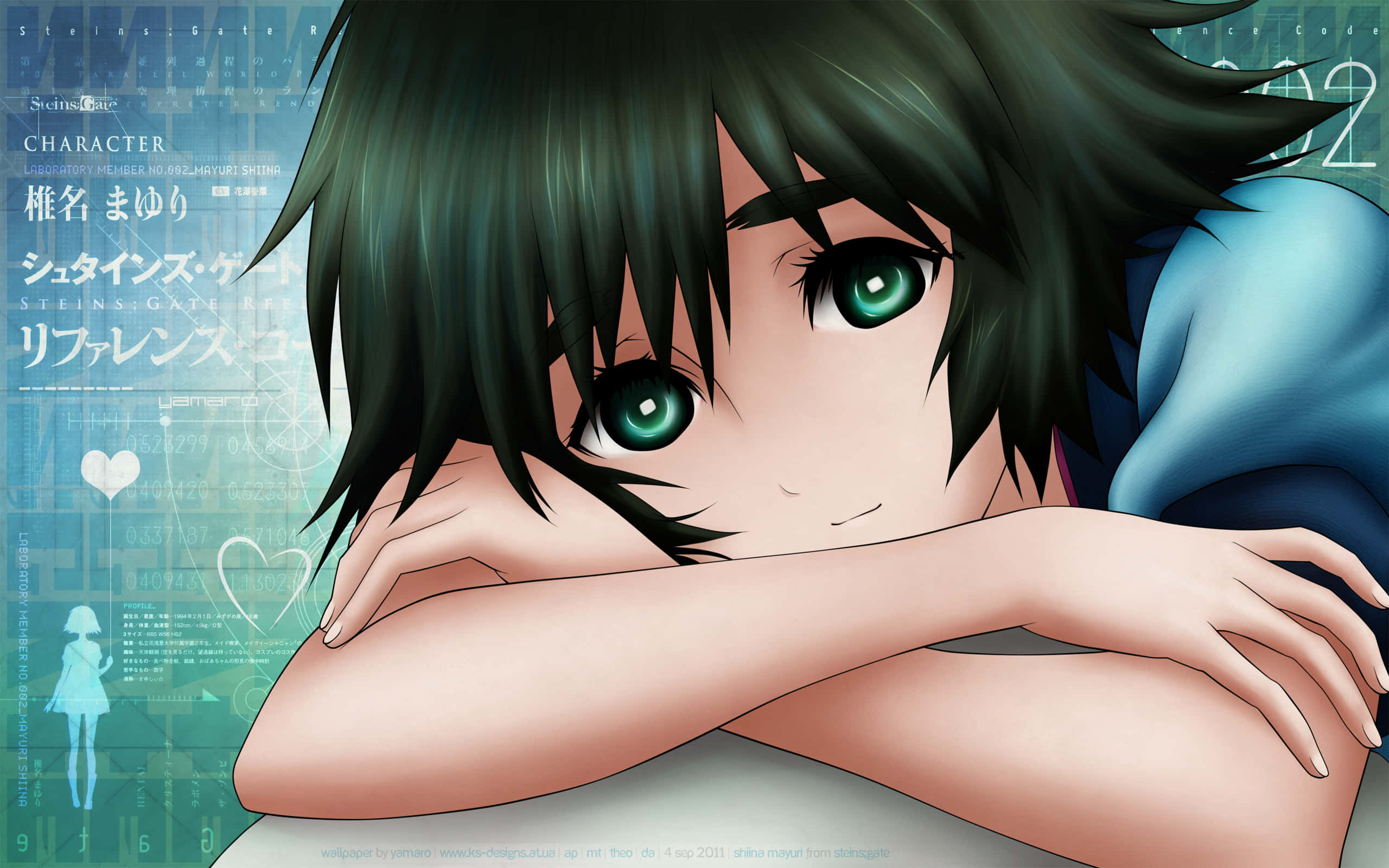 Mayuri Shiina 桌布 壁紙 — 綠眼黑髮的動漫女孩，將下巴擱在交叉的手臂上，背景是藍色數位介面。