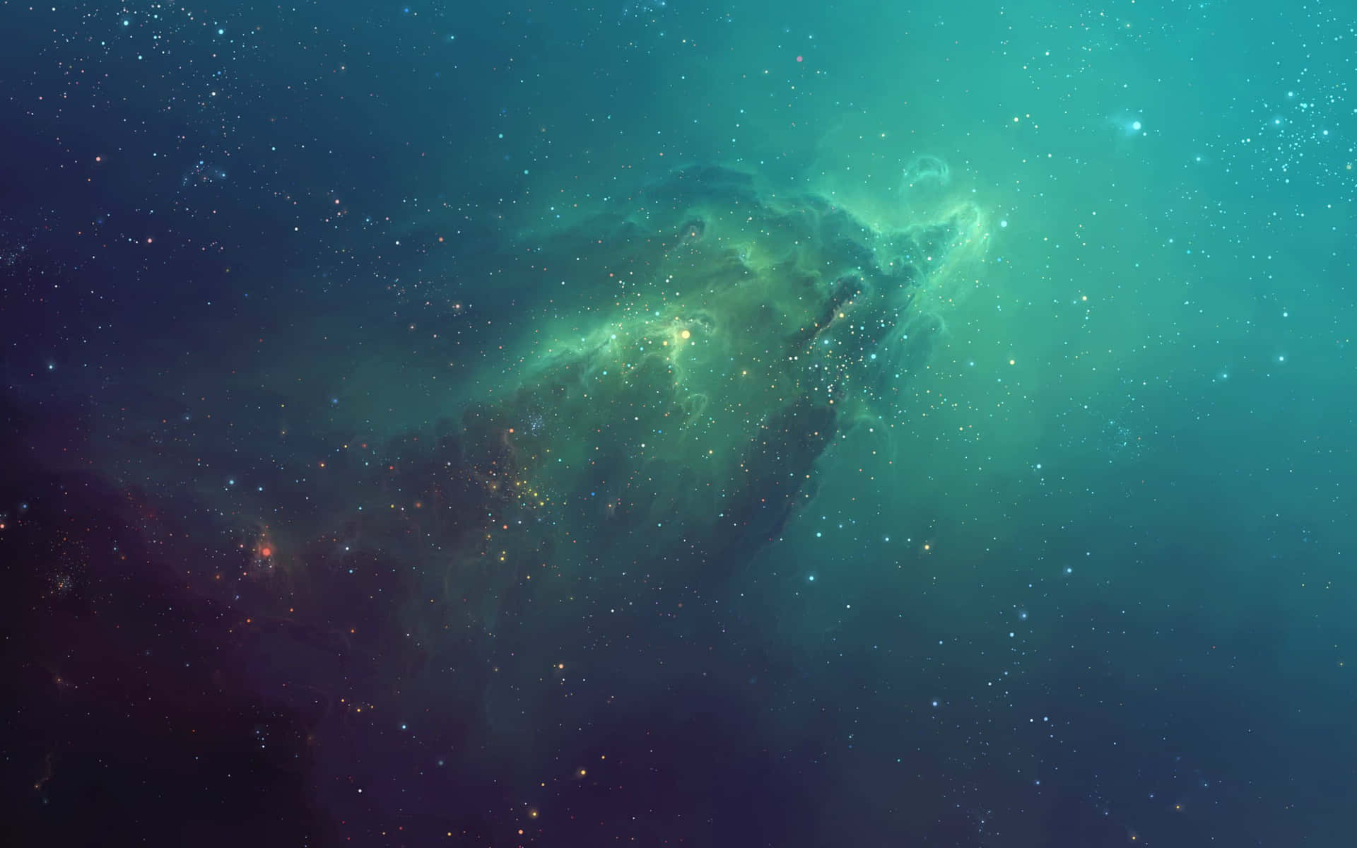 在深空中閃耀著明亮星星的鮮豔綠色和藍色星雲。