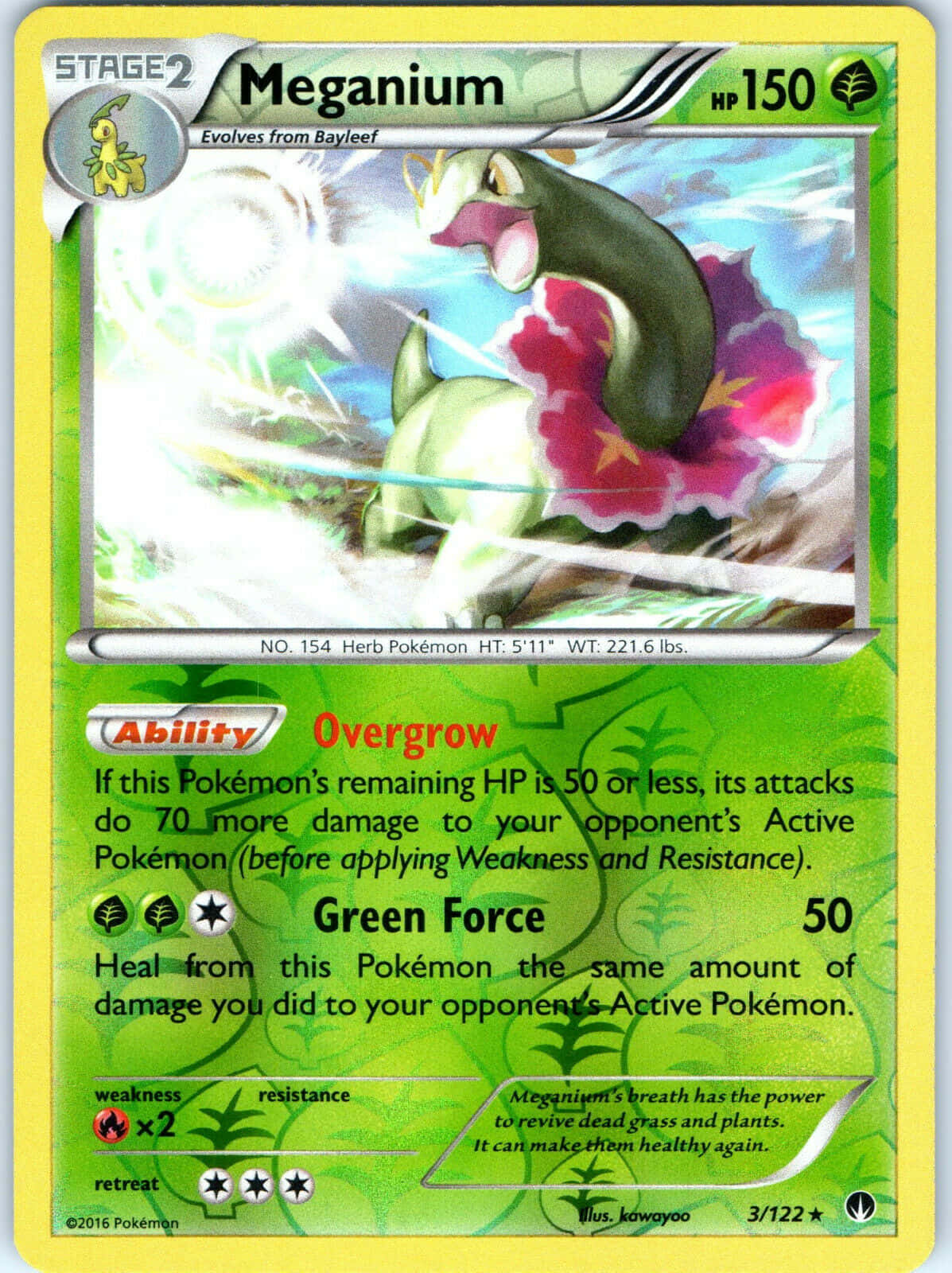 Meganium 寶可夢卡，附有數據和能力詳情。