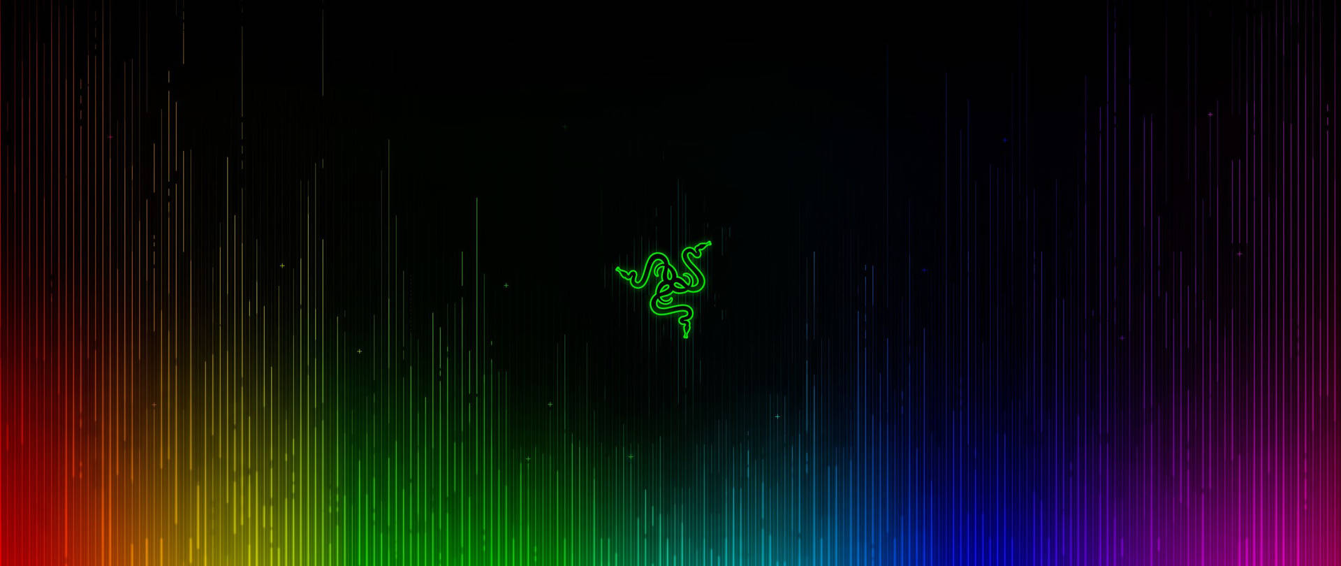 發光綠色Razer標誌在黑色背景上，帶有彩色垂直光條。
