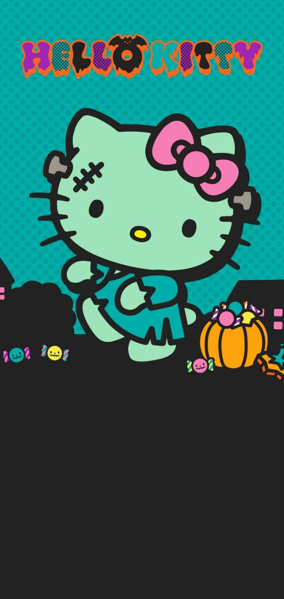 綠色Hello Kitty萬聖節殭屍 壁紙 — Hello Kitty 穿著詭異的萬聖節服裝，臉上縫線，手持南瓜糖果，背景為青綠色圓點圖案。