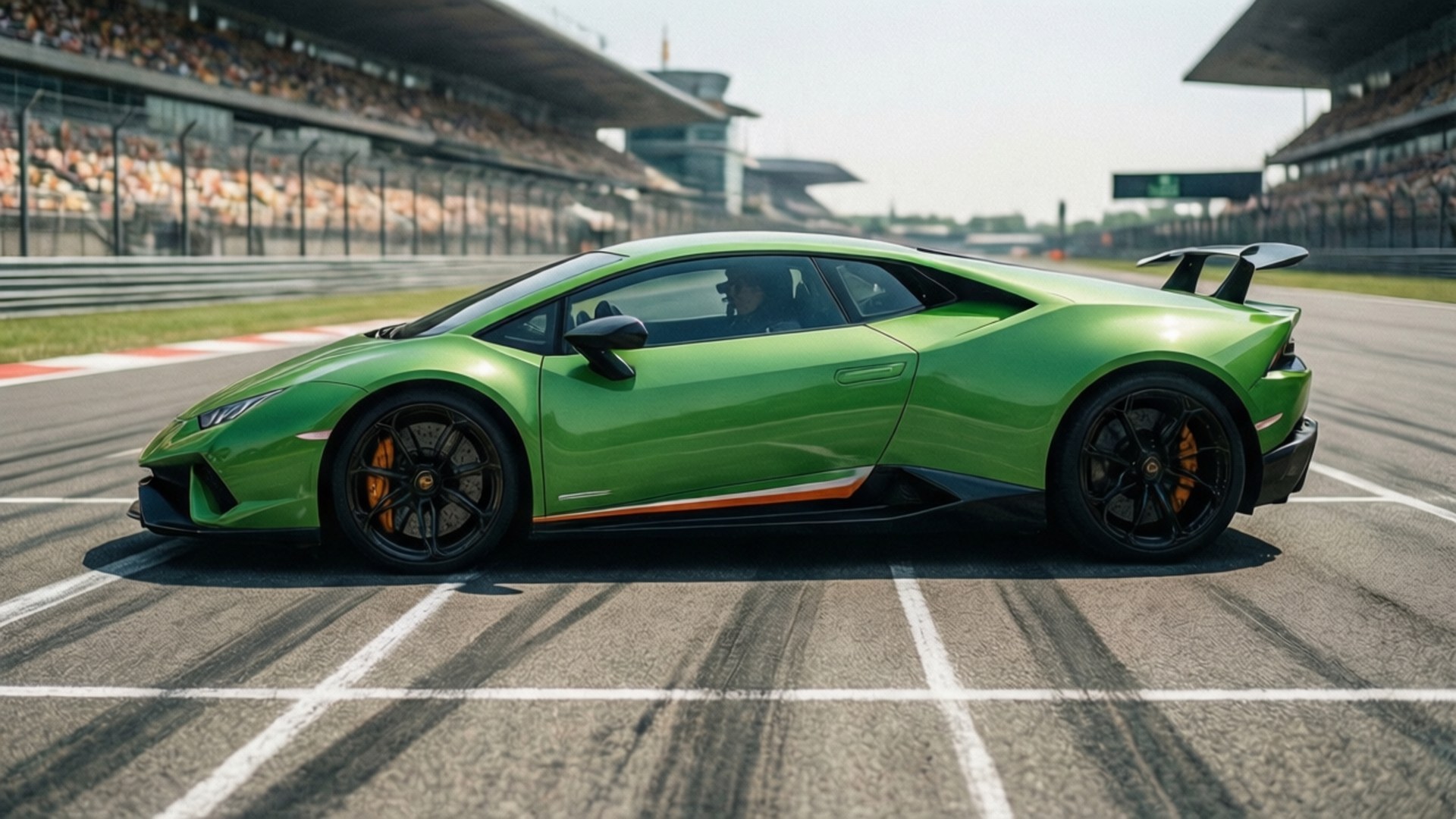 一輛綠色林寶堅尼 Huracán Performante 在賽道上，背景有觀眾。