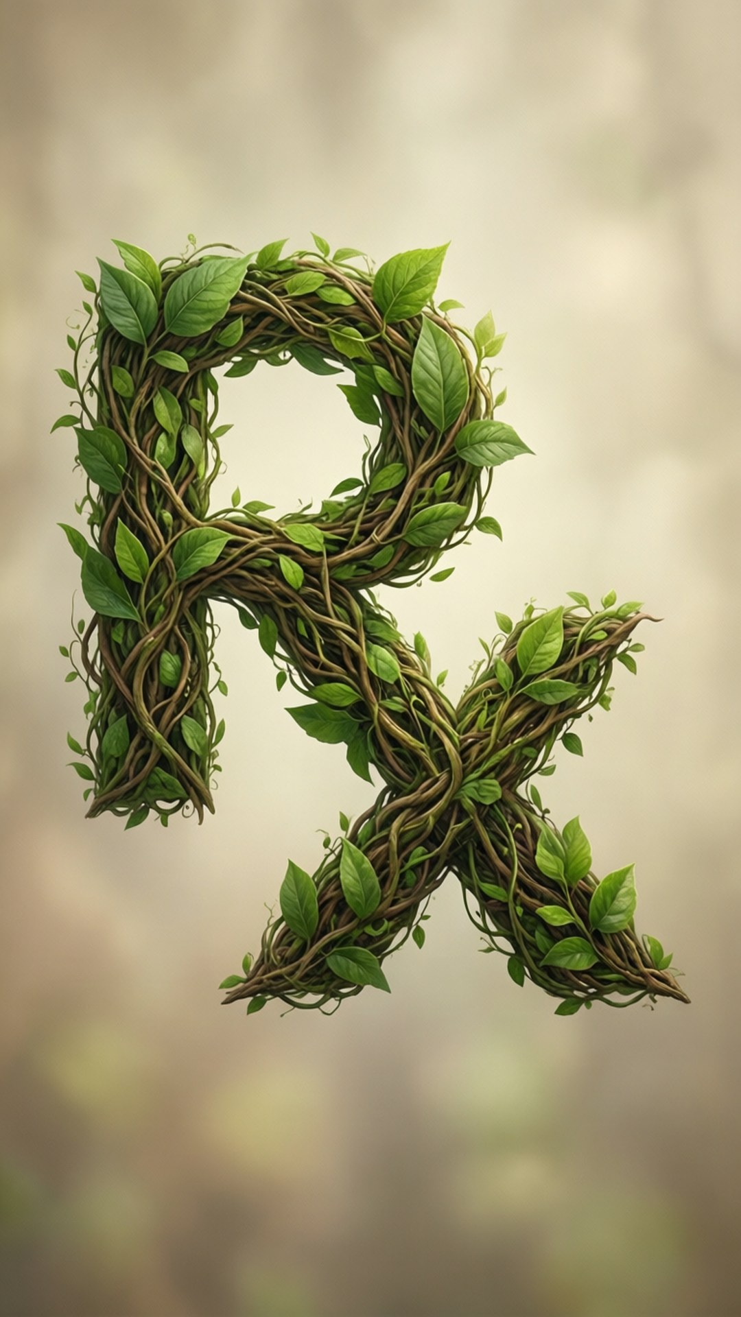 綠色Rx自然風 壁紙 — 一個風格化的字母R，由纏繞的藤蔓和新鮮綠葉形成，背景柔和模糊。