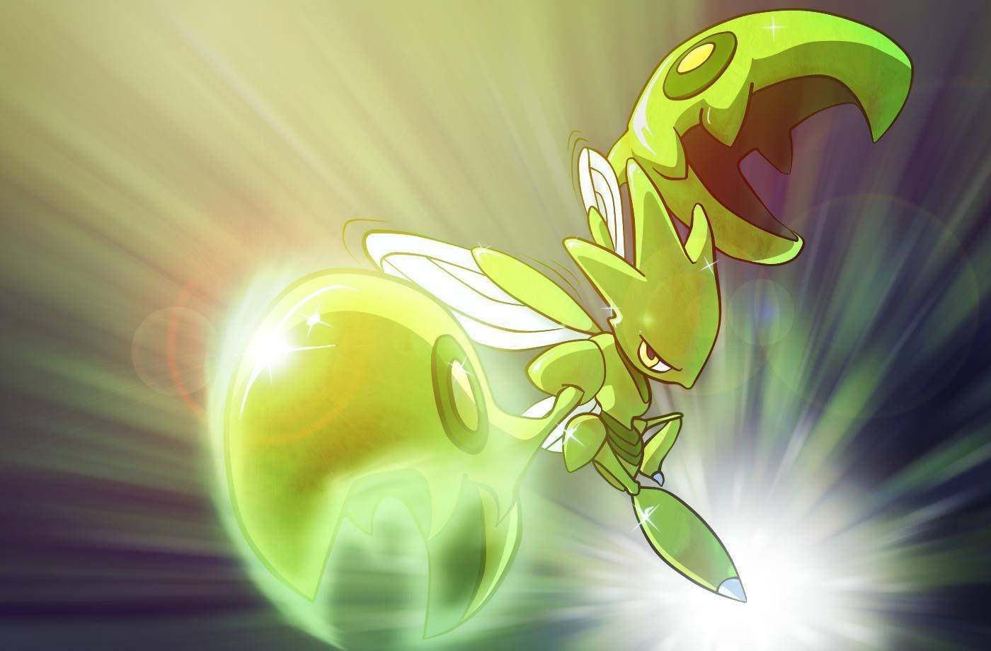 綠色Scizor 壁紙 — 一隻發光的綠色動漫蠍子寶可夢在動態光爆背景下釋放出耀眼能量衝擊波。