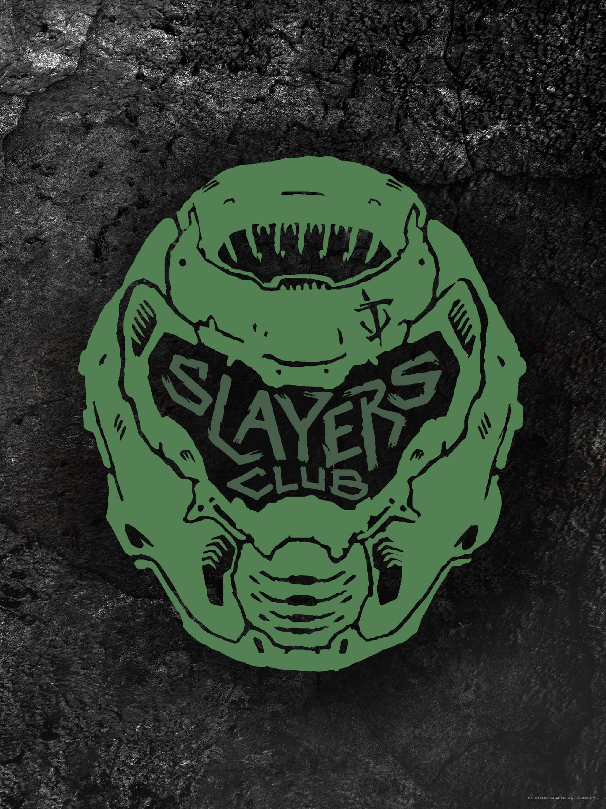 綠色Slayer頭盔Pixel 3XL《毀滅戰士》背景 壁紙 — 一個綠色風格化的頭盔，帶有鋒利的牙齒和 'SLAYERS CLUB' 文字，背景為裂紋深色。