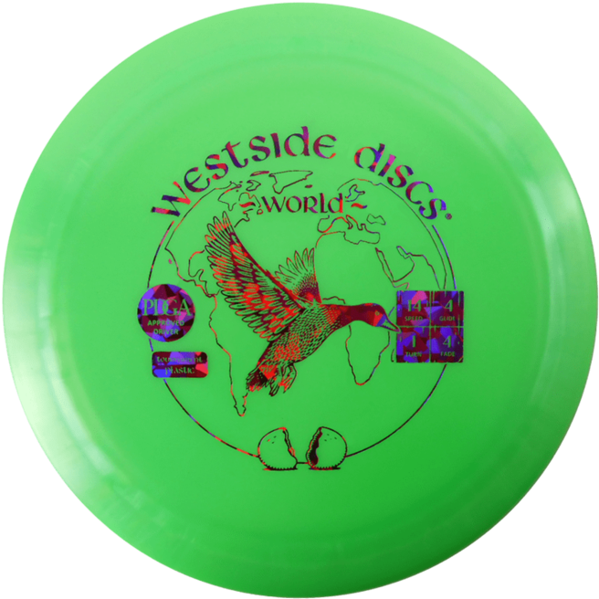 綠色Westside Discs飛盤 壁紙 — 一個亮綠色的 Westside Discs 飛盤，帶有色彩繽紛的蜂鳥圖案和世界地圖設計。
