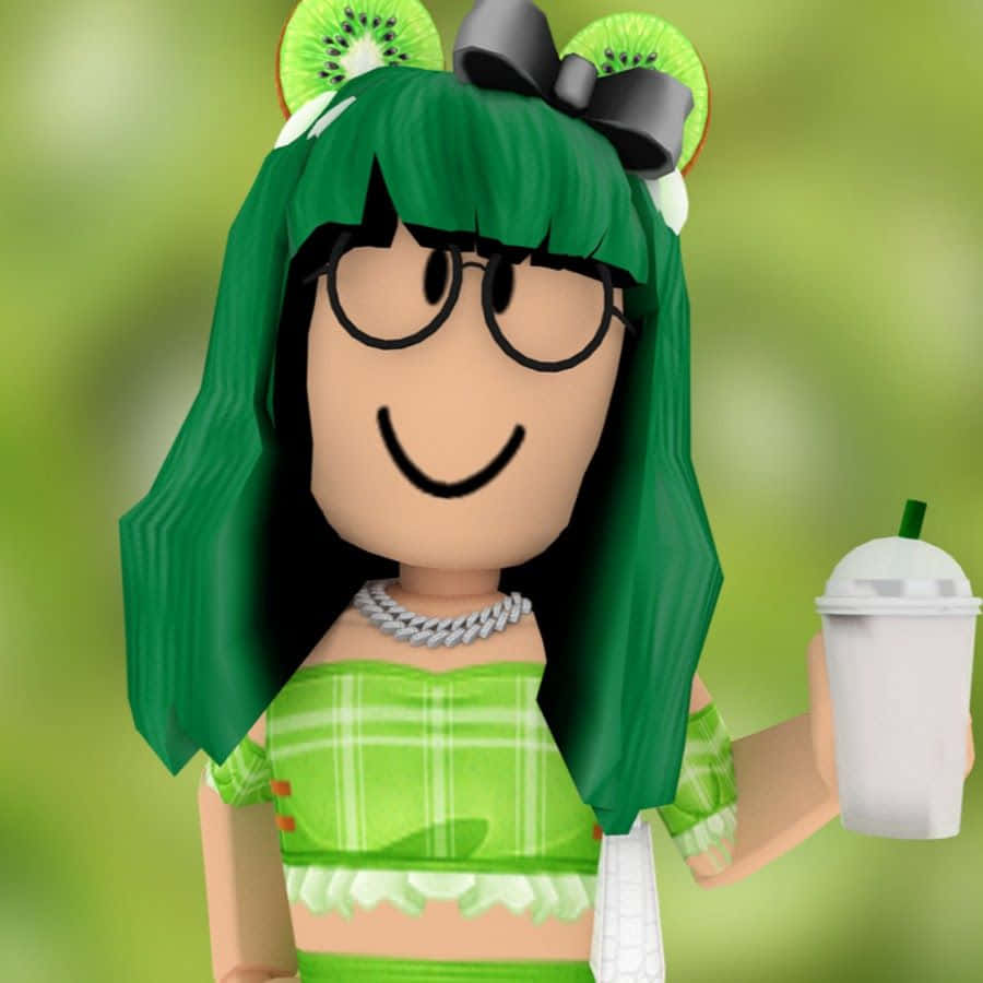 一個綠色頭髮的Roblox頭像，帶著奇異果配件，拿著飲料。