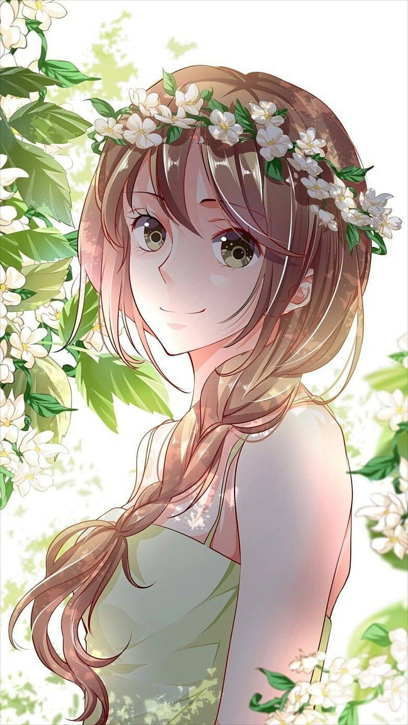 戴花冠的動漫女孩在綠葉中微笑