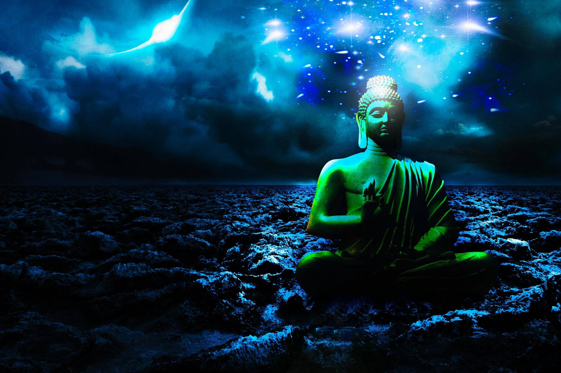佛像在帶有閃電的星空下冥想。