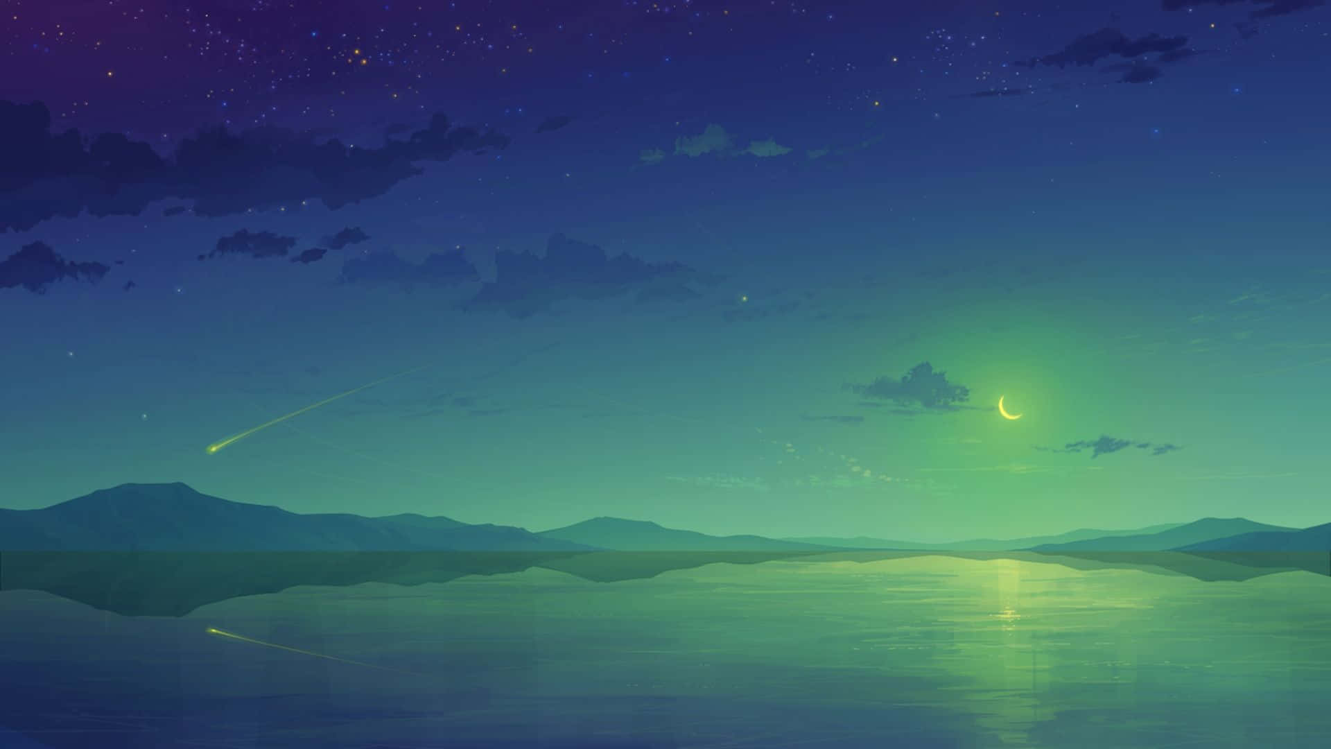 夜晚的湖面，群山倒映著閃爍的月亮和流星。